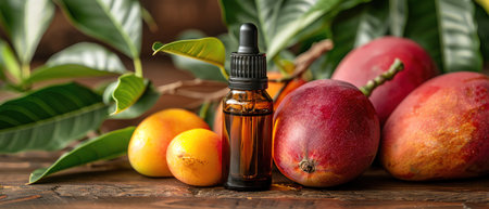 Fresh mangoes with essential oil bottle, rustic wooden surface, natural lightの素材