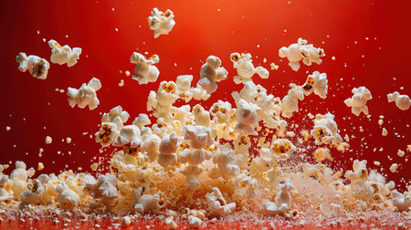 Explosion of popcorn against a vibrant red background, high speed captureの素材