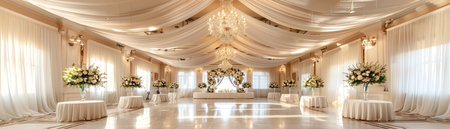 Elegant wedding venue with white drapes, chandeliers, and floral arrangements, wideangle viewの素材