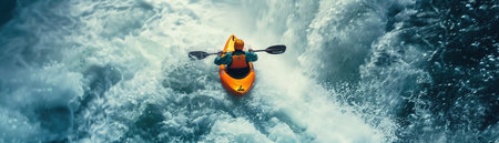 Kayaker navigating through powerful waterfallの素材