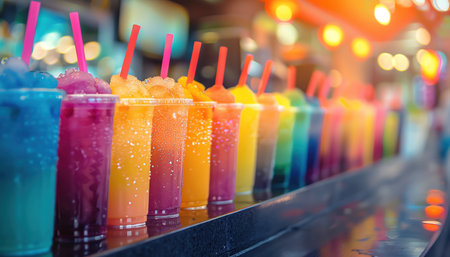 Colorful slushies in plastic cups lined up on a counter, vibrant sunset lightingの素材