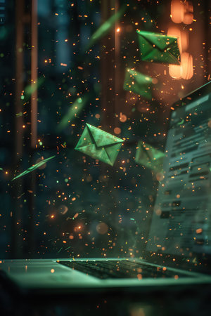 Flying emails emerging from a laptop screen, dark ambient light, digital communicationの素材