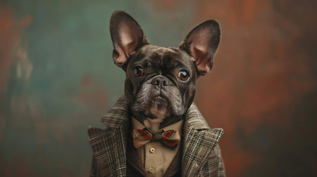 Dog in a suit with a bow tie, sharp and detailed portraitの素材