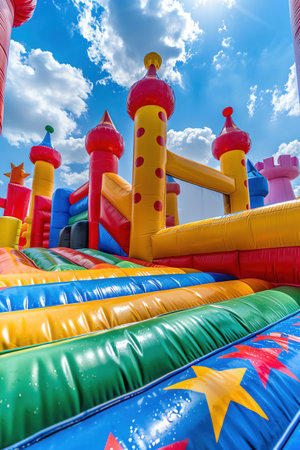 Inflatable bounce castle under blue sky, colorful and playful, sunny dayの素材