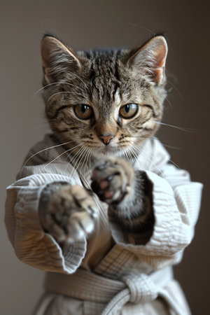 Determined tabby cat in karate gi, extending paw in punch, closeup shotの素材