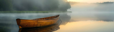 Old wooden boat on a misty lake, sunrise lighting, calm and tranquil atmosphereの素材