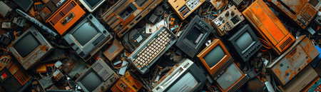 Pile of ewaste and old electronics, chaotic and cluttered, environmental issueの素材
