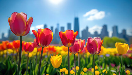 Tulips in front of a city skyline, clear sky, vibrant colors, lowangle shotの素材
