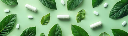 Pills and herbal leaves on a pastel green background, topdown view, bright natural lightingの素材