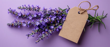 Lavender flowers with a blank tag on a purple background, topdown viewの素材