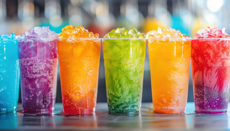 Row of vibrant, colorful slushie drinks in plastic cupsの素材