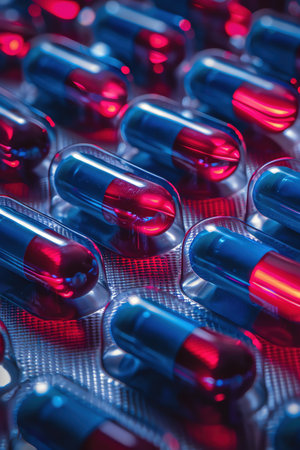 Red and blue capsules in a blister pack, closeup with dramatic lightingの素材