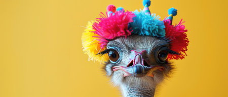 Ostrich wearing a colorful party hat, yellow background, playful portraitの素材