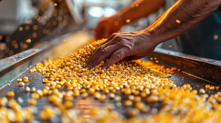 Worker handling corn on a conveyor belt, industrial setting, focus on hand and cornの素材