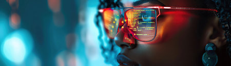 A futuristic woman interfaces with holographic data visualization, neon lights reflecting off her glasses, embodying tech innovationの素材