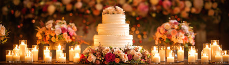 A multitiered elegant wedding cake surrounded by a vibrant array of flowers and candles, setting a festive and romantic atmosphereの素材