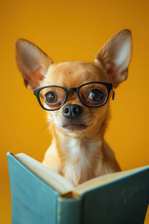 Chihuahua wearing glasses, reading book, yellow background, humorous style, closeupの素材