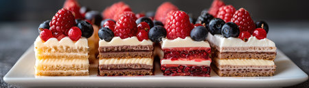 Assorted dessert slices, berries on top, elegantly displayedの素材
