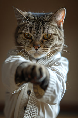Determined tabby cat in karate gi, extending paw in punch, closeup shotの素材