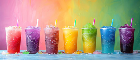 Colorful slushies in clear cups, vibrant and refreshing drinks in a rowの素材