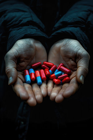 Hands holding red and blue capsules, dark background, dramatic and mysteriousの素材