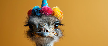 Ostrich wearing a colorful party hat, yellow background, playful portraitの素材