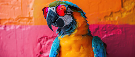 Parrot wearing sunglasses, neon colors, bold and vibrant background, studio shotの素材