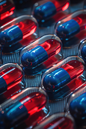 Red and blue capsules in a blister pack, closeup with dramatic lightingの素材