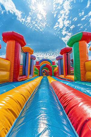 Inflatable bounce castle under blue sky, colorful and playful, sunny dayの素材