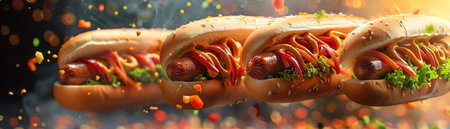 Hotdogs with vibrant toppings flying in midair, motion blurの素材