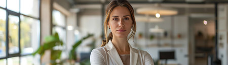 A confident businesswoman stands in a modern office space, her poised and professional demeanor reflecting leadership and ambitionの素材