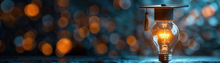 A miniature graduation cap sits atop a glowing light bulb, representing the bright future education bringsの素材