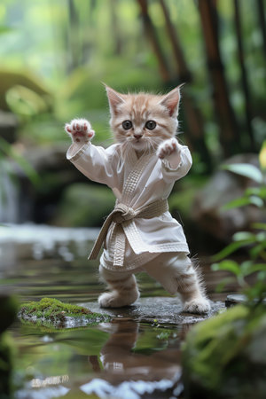 A kitten in a white karate uniform posing in a martial arts stance amidst a tranquil natural setting with water and plantsの素材