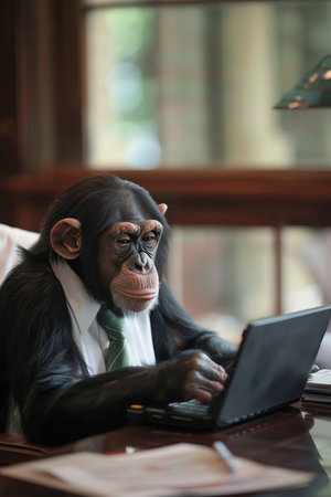 A chimpanzee dressed in a white shirt and tie appears focused while working on a laptop, evoking a humorous take on the corporate worldの素材