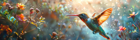 A Hummingbird midflight with vivid colors, closeup, magical forest environmentの素材