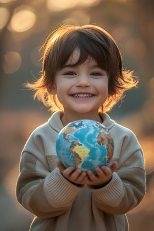A joyful child holding a small globe in his hands with a beaming smile, symbolizing hope and the future of our planetの素材