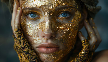 A model covered in gold paint adopts an artistic pose, her face a mask of serene beauty, against a dark, moody backdropの素材