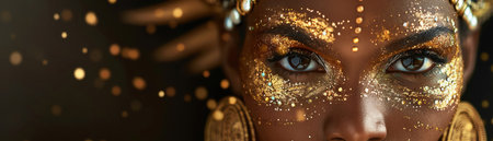 A Portrait of a regal woman adorned with golden face paint and headpiece, embodying luxury and tribal eleganceの素材