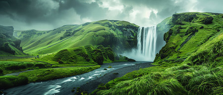 A wide panorama of Skogafoss, a majestic waterfall cascading down a green mountain landscape in Icelandの素材