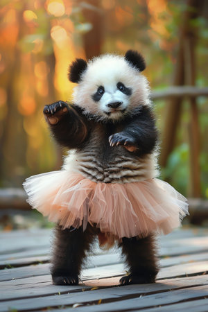 Baby panda in a tutu, dancing on a wooden floor, bright and adorableの素材