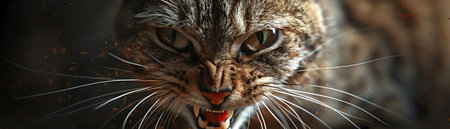 An intense closeup of a growling cat with bared teeth, displaying a formidable and fierce demeanorの素材