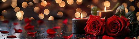 Elegant red roses with black candles, soft focus background, romantic ambiance, low lightの素材