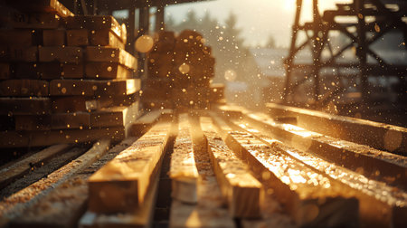 Lumber mill, wooden planks, sawdust flying, industrial setting, dynamic lightingの素材