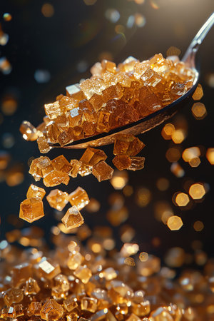 Spoonful of brown sugar crystals pouring down, warm lighting, macro shotの素材