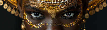 A Portrait of a regal woman adorned with golden face paint and headpiece, embodying luxury and tribal eleganceの素材
