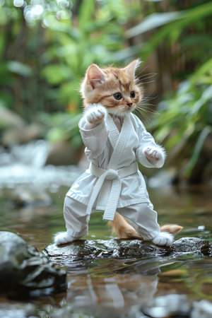 A kitten in a white karate uniform posing in a martial arts stance amidst a tranquil natural setting with water and plantsの素材