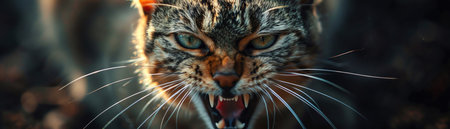 An intense closeup of a growling cat with bared teeth, displaying a formidable and fierce demeanorの素材