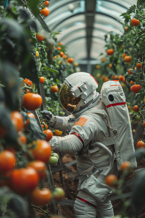 An astronaut in a space suit tenderly harvesting ripe tomatoes in an orbital greenhouseの素材