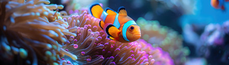 A Vibrant clownfish swimming in harmony with sea anemones in an aquariumの素材