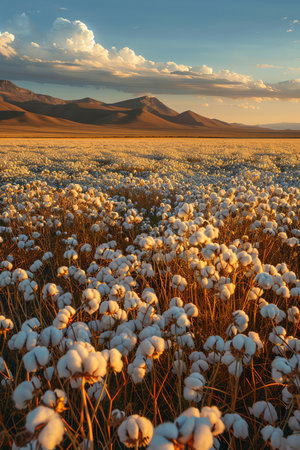 Cotton field with distant mountains under a blue sky, golden hour light, serene and vastの素材